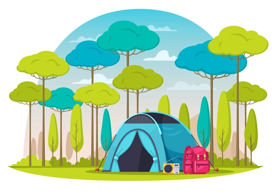 Camping place in woods composition with blue tent radio backpack cartoon vector illustration