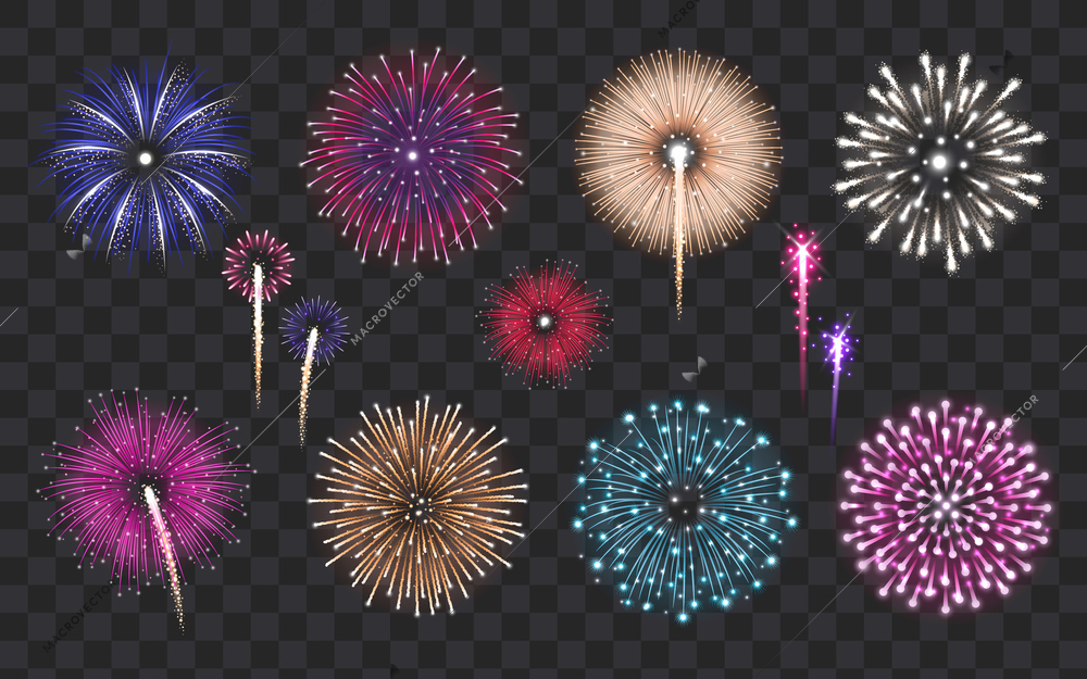 Bursting fireworks of various color and shape icons set isolated on transparent background vector illustration