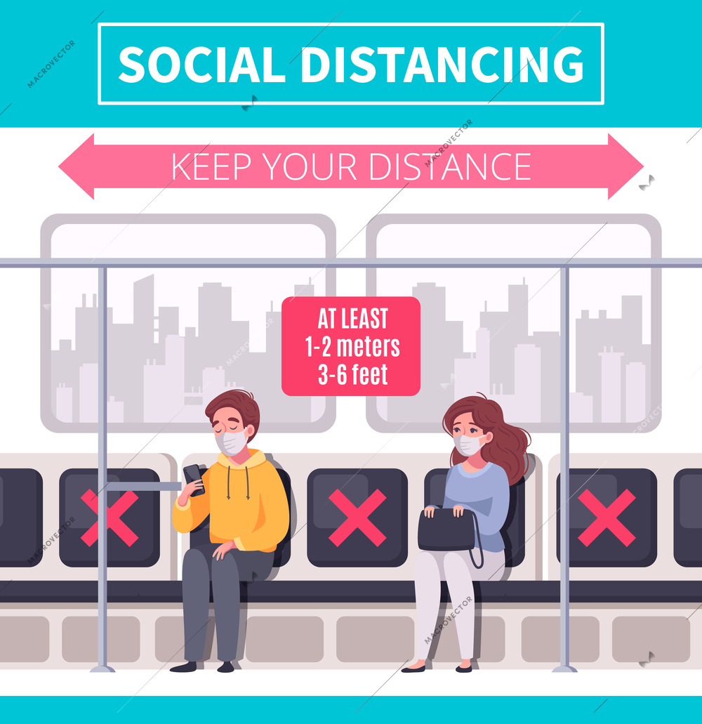 Social distancing infographics with people keeping away from each other in public transport cartoon vector illustration