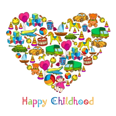 Vintage sketch colored kids toys in heart shape happy childhood concept vector illustration.