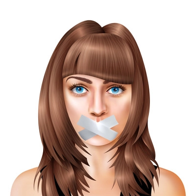 Woman with closed mouth realistic composition young girl stands and her mouth taped vector illustration