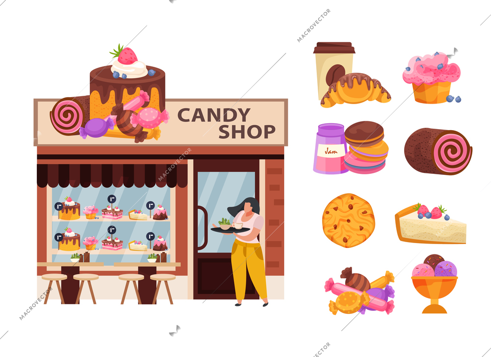 Candy shop business concept with pastry and sweets symbols flat vector illustration