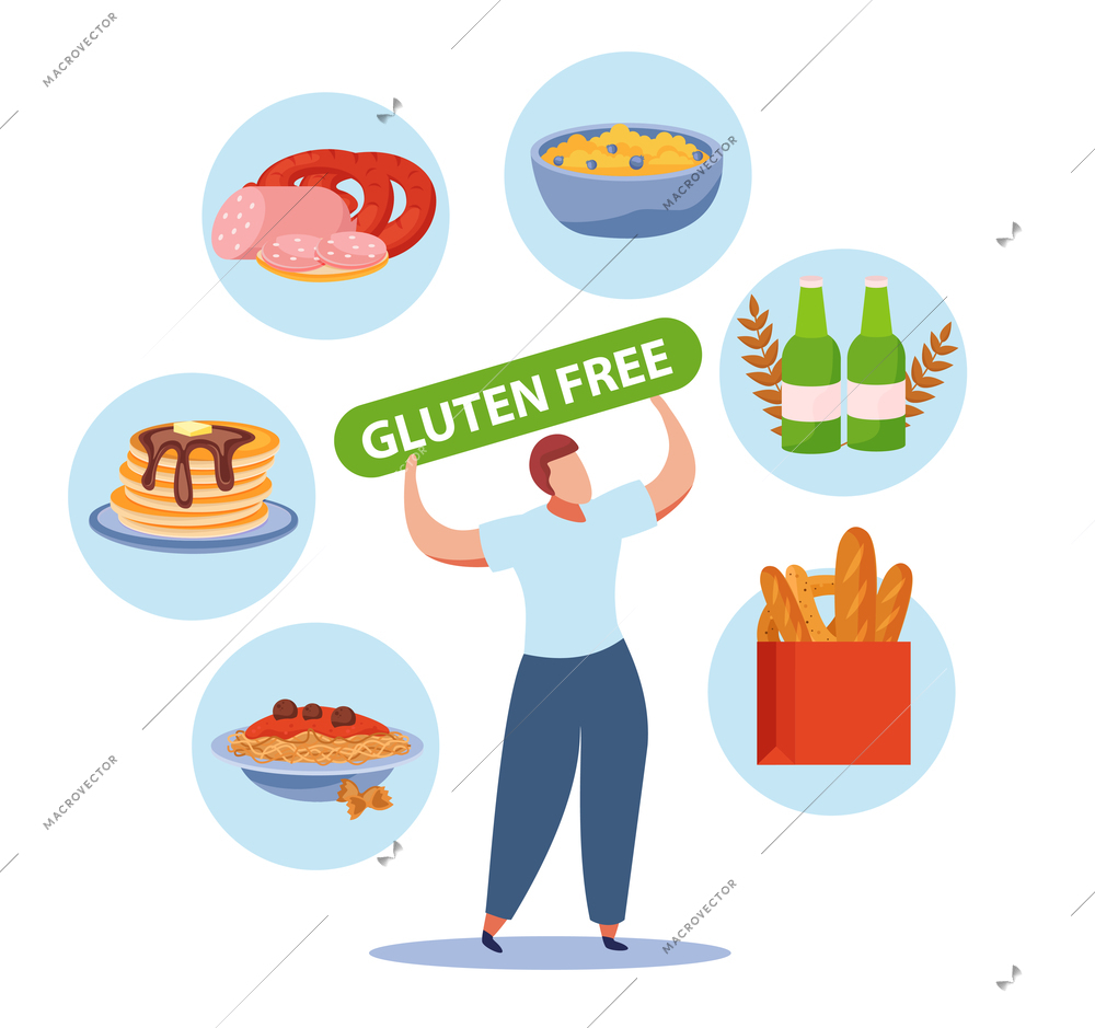 Gluten free product concept with food and drink symbols flat vector illustration