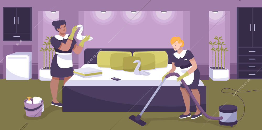 Hotel staff background with cleaning services symbols flat vector illustration