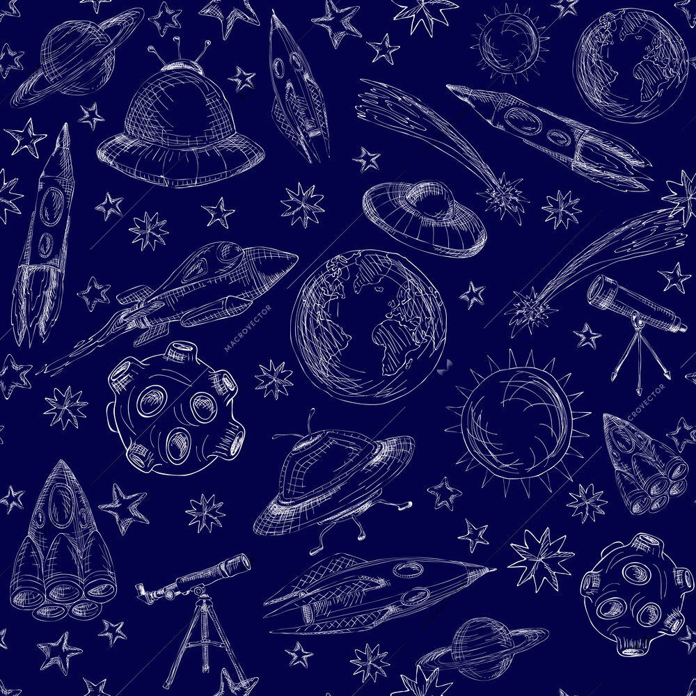 Space and astronomy planets and rockets hand drawn seamless pattern vector illustration.