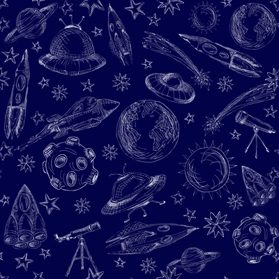 Space and astronomy planets and rockets hand drawn seamless pattern vector illustration.