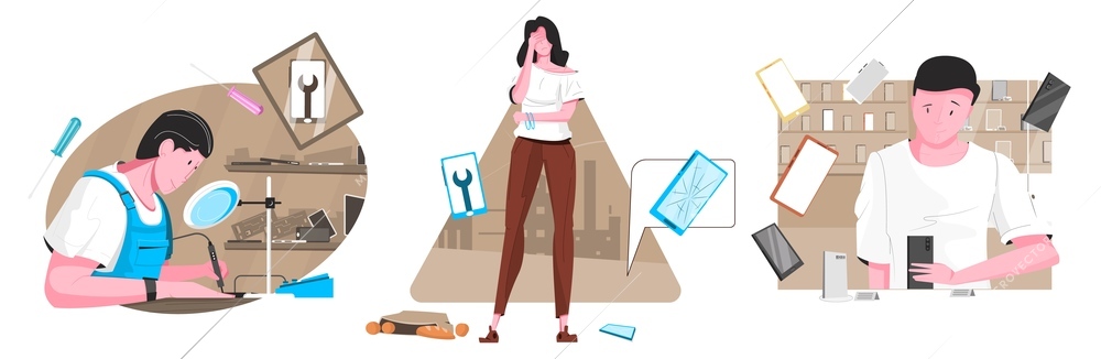 Flat smartphone composition with girl and broke phone repair master and buying device at the store vector illustration