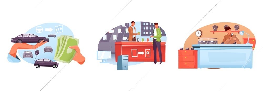 Automobile gadget and jewelry pawnshops flat composition with cars cash counters and human characters isolated vector illustration