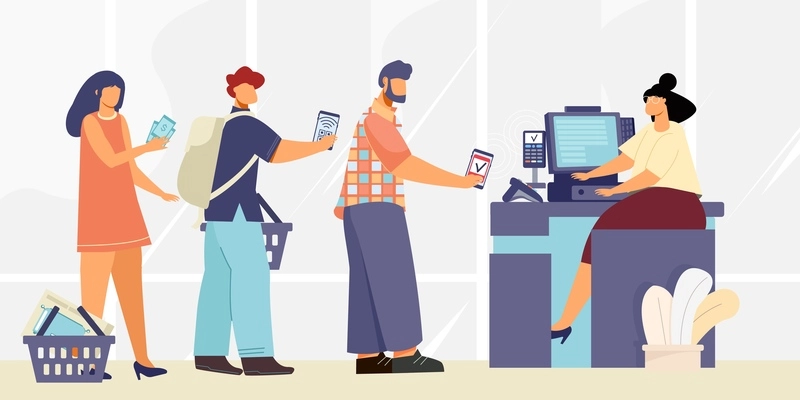 Payment cash desk composition with flat human characters standing in line with cashier and contactless payments vector illustration