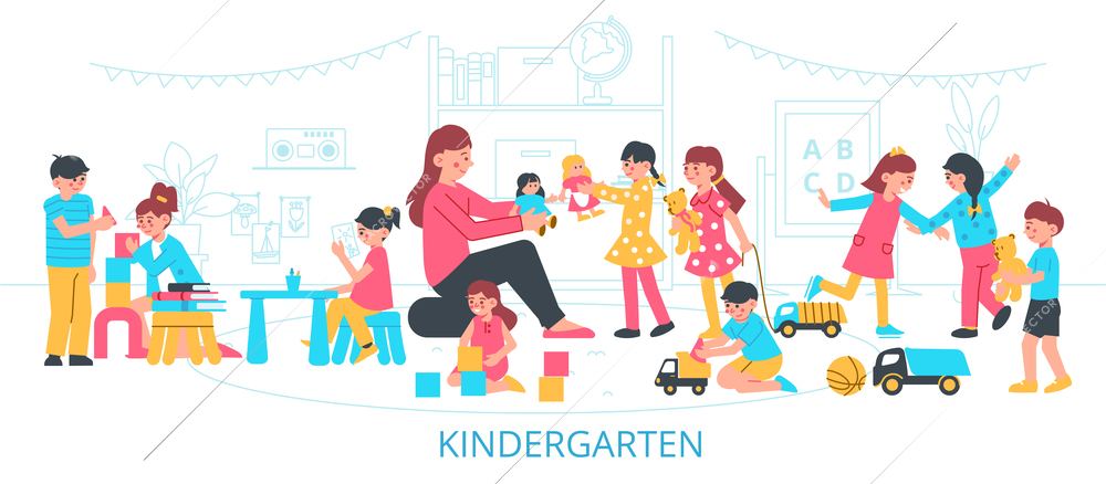 Kindergarten composition with flat silhouette scenery of nursery school with teacher and kids playing with toys vector illustration