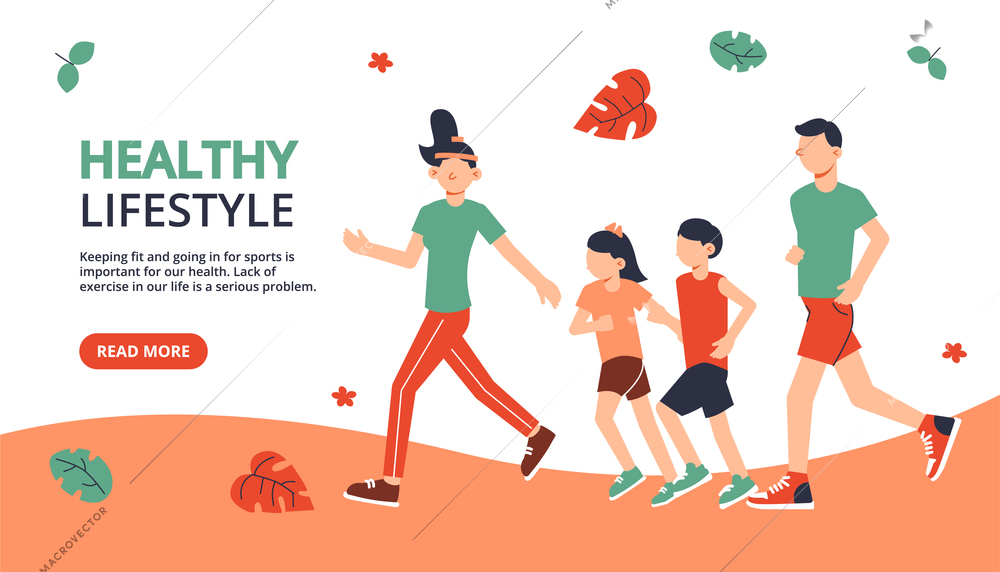 Family sport horizontal banner with editable text read more button and images of leaves and people vector illustration