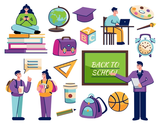 Back to school set of isolated icons doodle human characters and images of school kit items vector illustration