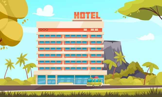Hawaii hotel composition with big hotel building natural landscape volcano in the background and bus with tourists going vector illustration
