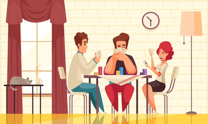 Board games poker composition with three people play a game at the table in the room vector illustration