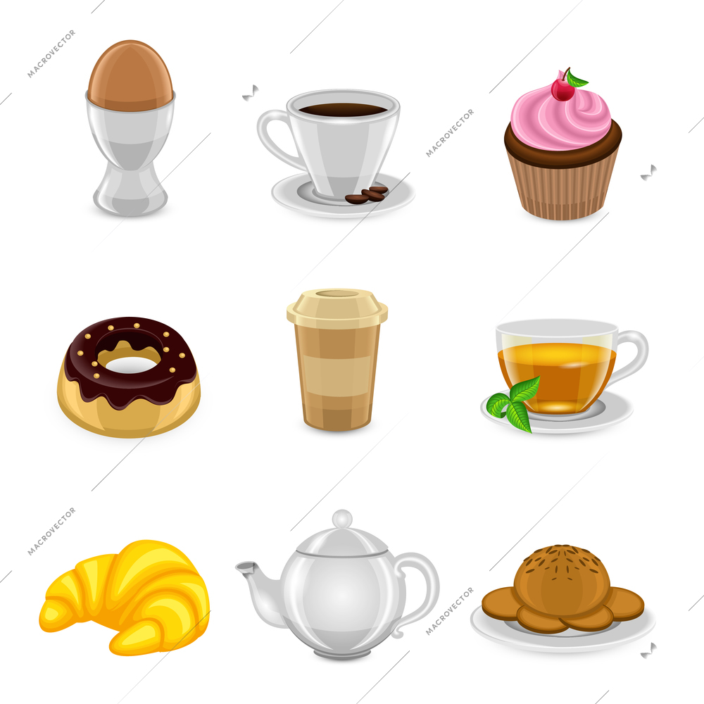 Breakfast food and drink icon set with egg coffee cup cake and croissant isolated vector illustration