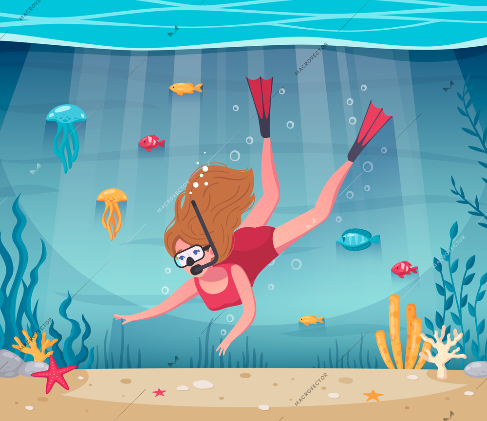 Diving snorkeling cartoon composition with female character dive under water with sea stars and colourful fishes vector illustration