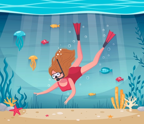 Diving snorkeling cartoon composition with female character dive under water with sea stars and colourful fishes vector illustration