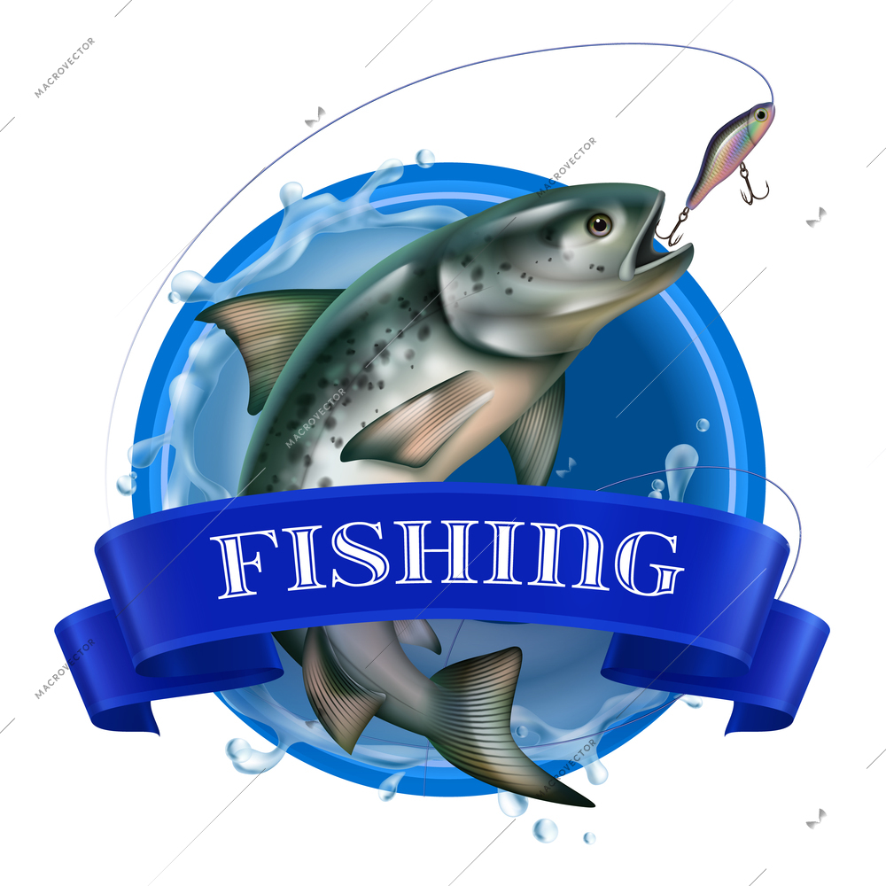 Fishing realistic colorful logo with fish taking bait on round see background vector illustration