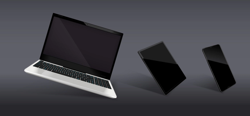 Realistic composition consist of   modern models of laptop and smartphone with black glossy screens vector illustration