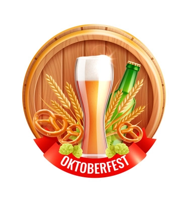 Octoberfest beer round composition with set of realistic octoberfest images barrel cap hop plant and text vector illustration