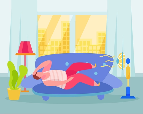 Treating summertime heat stroke home remedies flat composition with lying on sofa near electric fan vector illustration