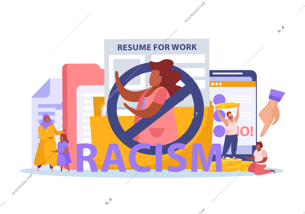 Racism discrimination muslim ban women work restrictions pay gap symbols flat composition with resume template vector illustration