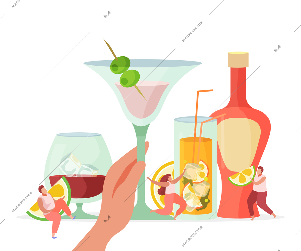 Alcoholic cocktails flat background composition with hand holding filled stemmed triangle glass with fruit stick vector illustration