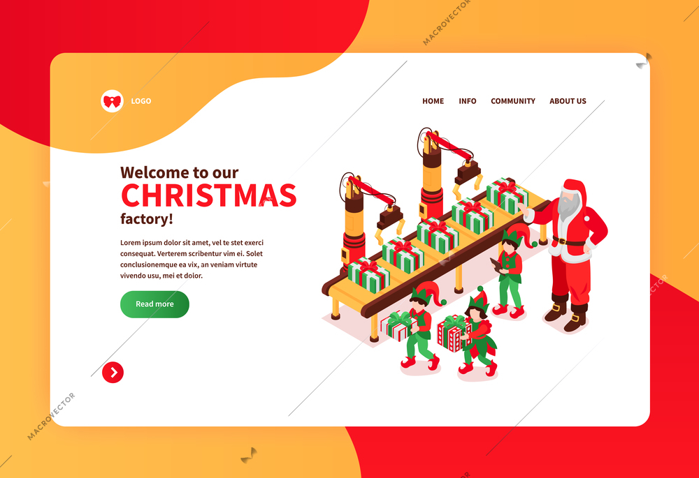 Isometric santa claus concept banner with clickable links images of gift box packing line text and buttons vector illustration