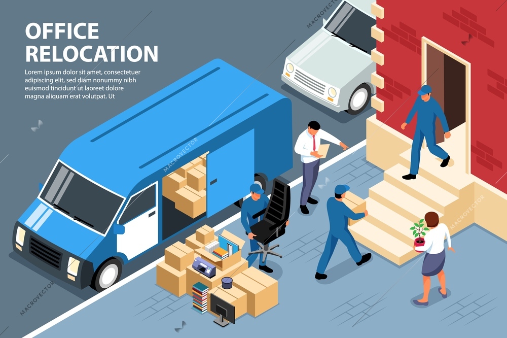 Isometric office move background composition with outdoor scenery and workers loading boxes into van with text vector illustration