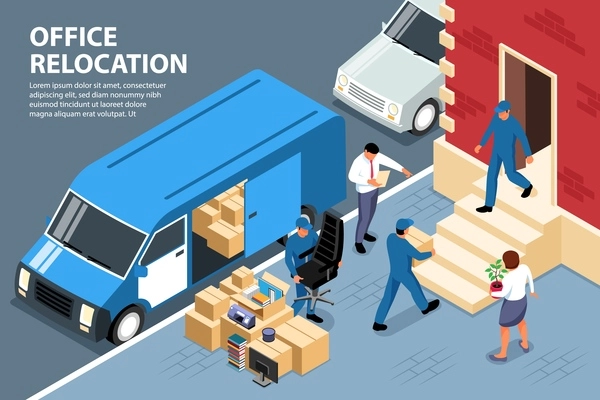 Isometric office move background composition with outdoor scenery and workers loading boxes into van with text vector illustration