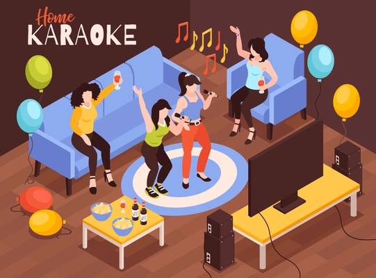 Isometric home karaoke composition with house party scenery with singing female characters balloons and music notes vector illustration