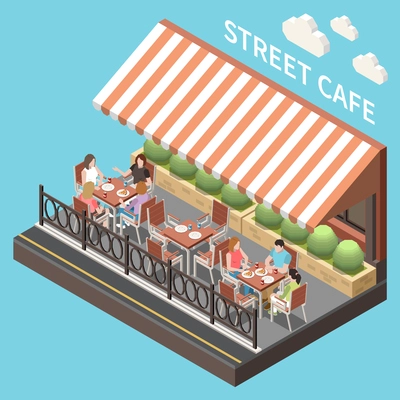 Colored and isometric street cafe terrace composition open summer terrace with guests vector illustration