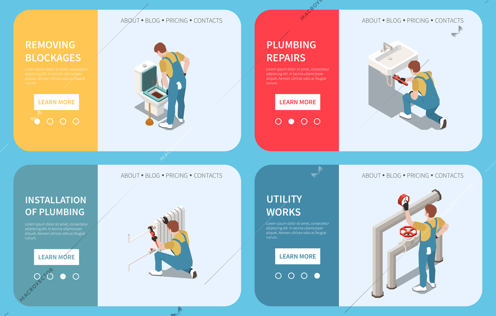 Horizontal plumber isometric banner set with removing blockages installation of plumbing utility works and plumbing repairs descriptions vector illustration