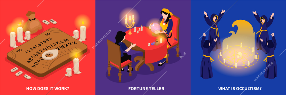 Isometric psychic fortune occult design concept with square compositions of spirit rapping procedures and clients visits vector illustration