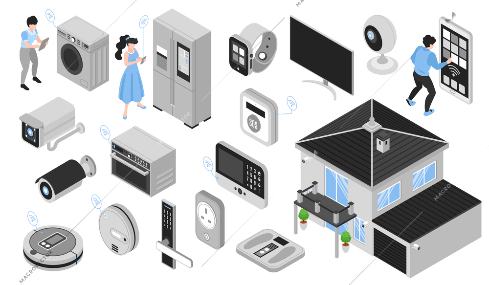 Isometric smart home horizontal set with isolated icons of electronic gadgets and images of household appliances vector illustration