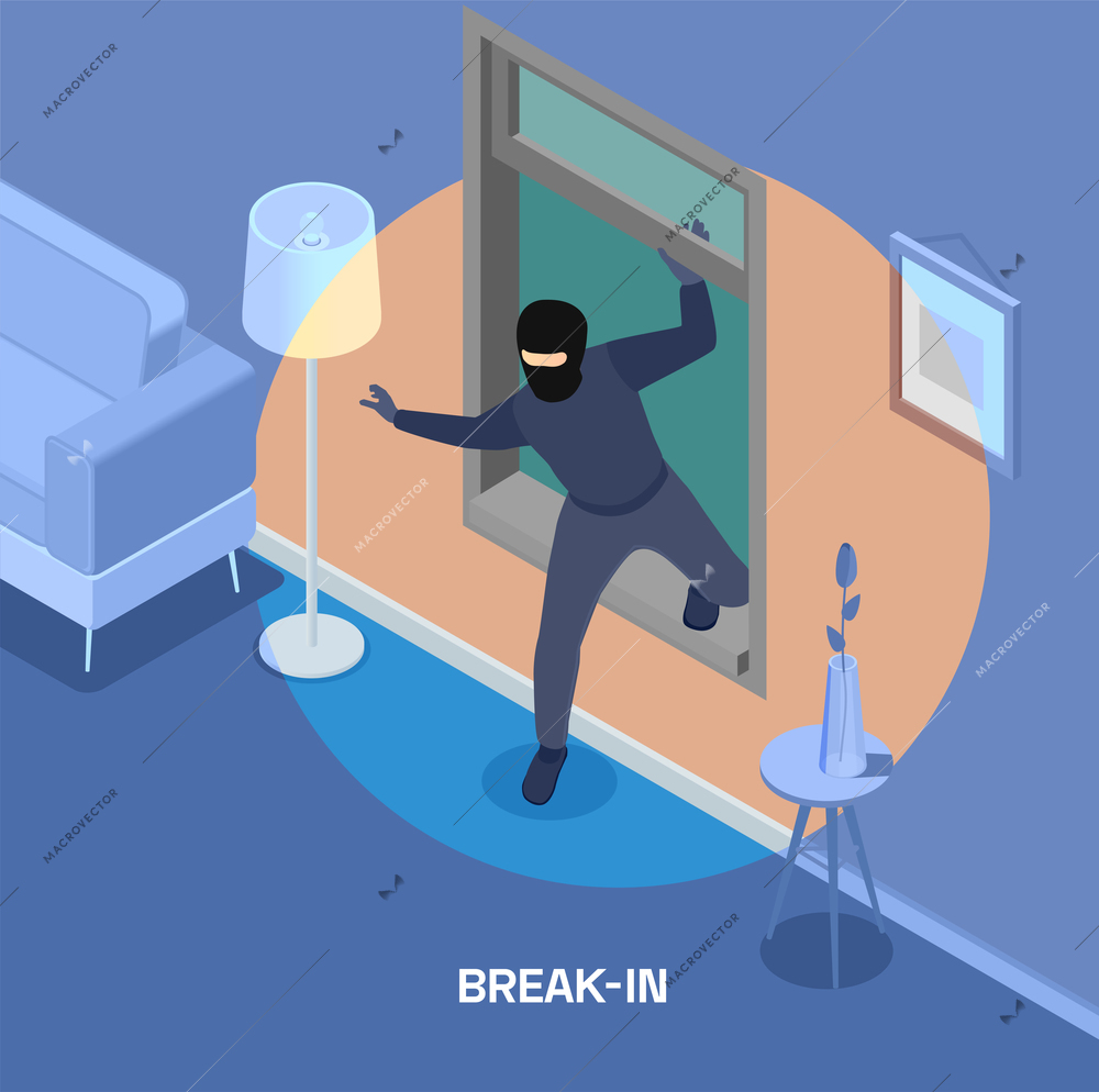 Robbery isometric composition with thief breaking into house through window 3d vector illustration