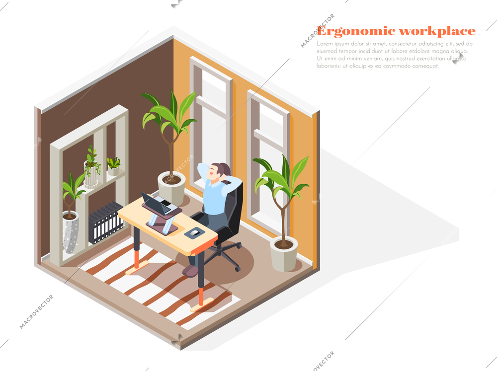 Ergonomic workplace composition with person sitting at desk in light and cosy study 3d isometric vector illustration