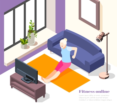 Online training at home isometric background with elderly woman  doing exercises on quarantine isolation vector illustration
