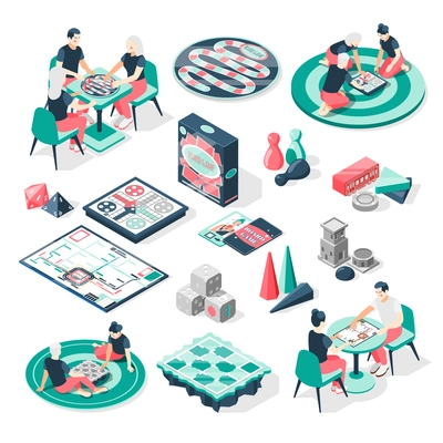 Board games isometric set with playing couples families dice pegs tokens virtual on tablet screen vector illustration