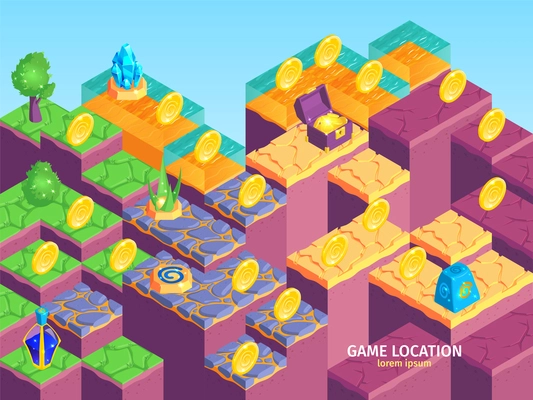 Isometric game landscape composition of square platforms with different surface and treasure items with editable text vector illustration