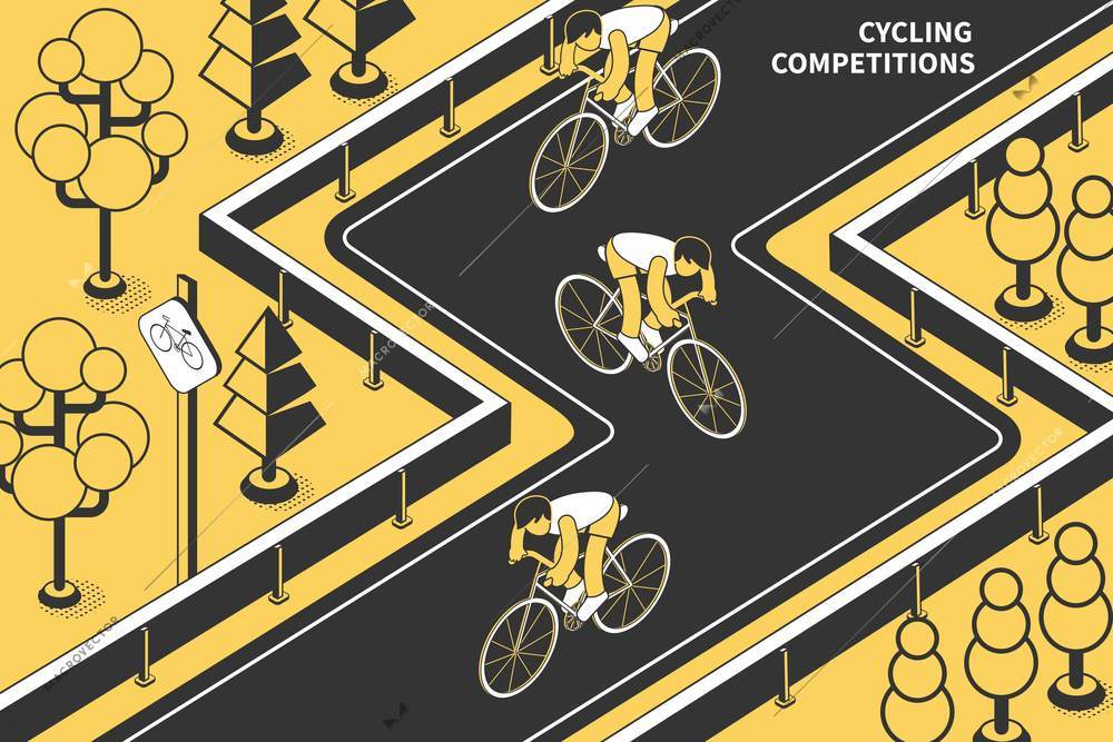 Cycling competitions isometric composition with text and view of race track with bicycle riders and trees vector illustration