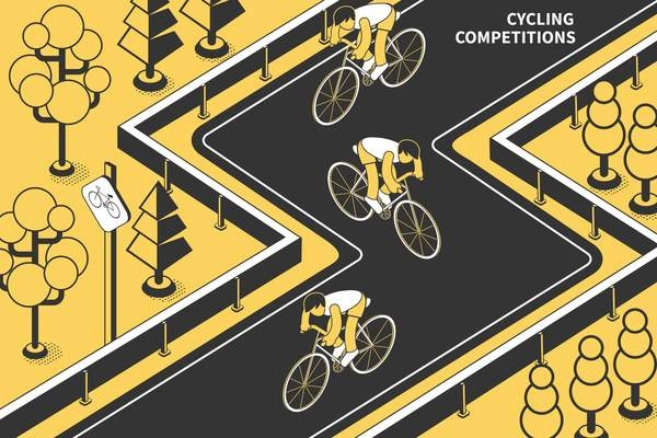 Cycling competitions isometric composition with text and view of race track with bicycle riders and trees vector illustration