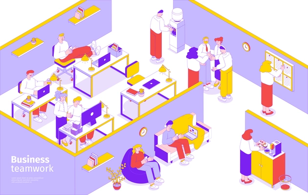 Business people teamwork isometric composition with task planning collaboration brainstorming office lounge break room vector illustration