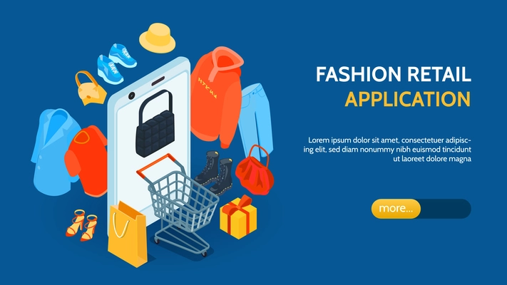 Isometric online shopping fashion horizontal banner with images of goods smartphone editable text and more button vector illustration