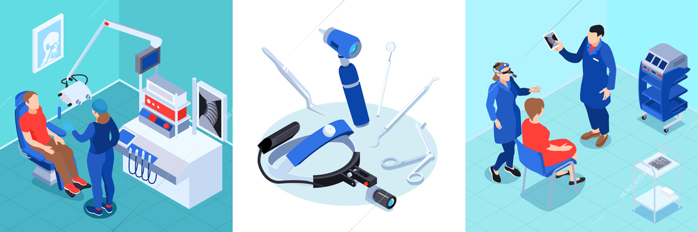 Isometric doctor ent design concept with set of square compositions with medical equipment patients and otolaryngologists vector illustration