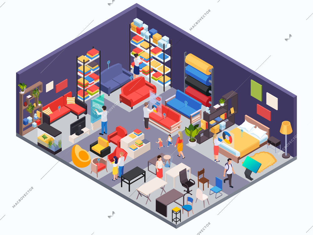 Furniture shop isometric background with visitors and interior items for kitchen bedroom living room vector illustration