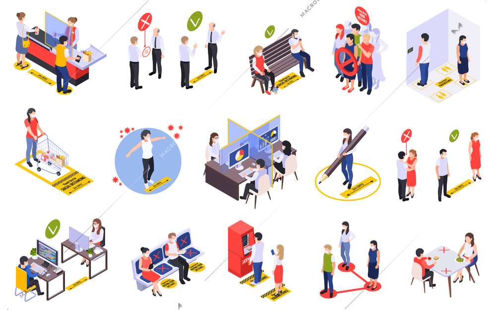 Social distancing and space for safety for people in public areas during pandemic isometric set isolated vector illustration