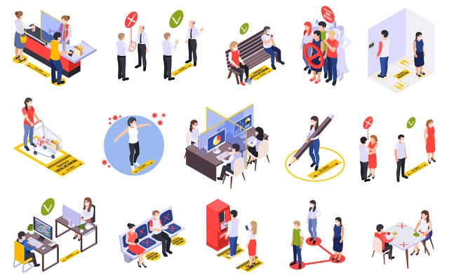Social distancing and space for safety for people in public areas during pandemic isometric set isolated vector illustration