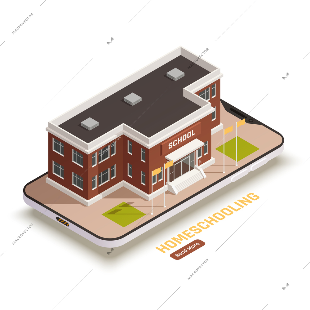 Online education isometric concept with school building and smartphone 3d vector illustration