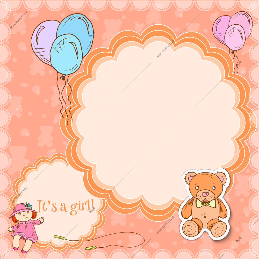 Toys postcard frame template girl set with balloon teddy bear and doll vector illustration.